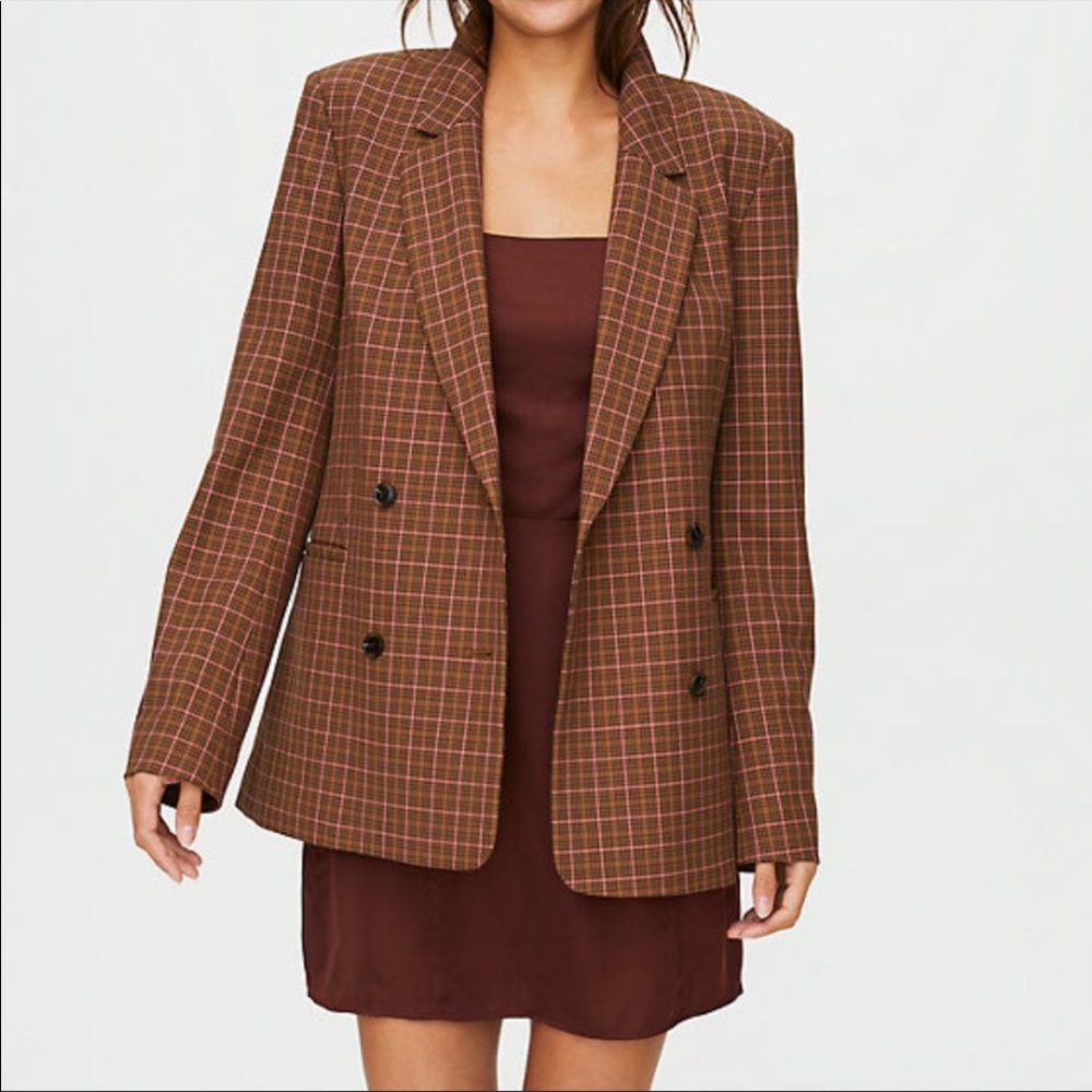 Aritzia Brown Plaid Double-Breasted freshmen Blazer